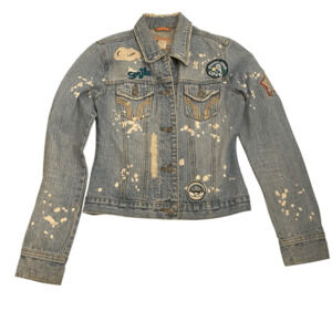 Forever 21 Vintage Inspired Distressed Denim Jacket with Patches Small